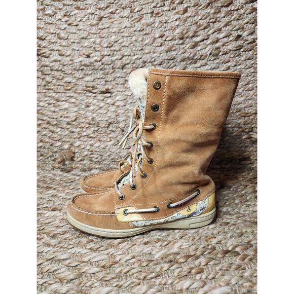 Sperry Top Sider Women's Brown Leather Lace Up Fold Down Fur Boots Size 7 M - Picture 1 of 12